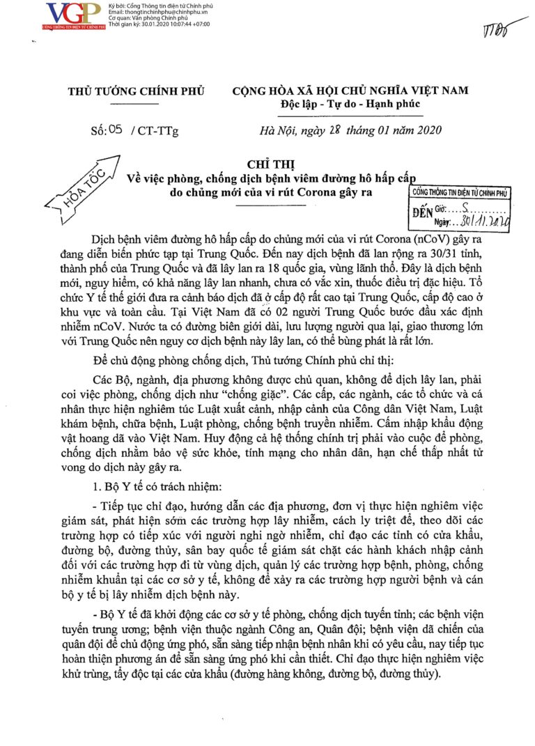 CÁC VĂN BẢN CHỈ ĐẠO CỦA THỦ TƯỚNG CHÍNH PHỦ VÀ BAN BÍ THƯ TRONG CÔNG TÁC PHÒNG, CHỐNG DỊCH BỆNH ĐƯỜNG HÔ HẤP CẤP DO CHỦNG MỚI CỦA VI RÚT CORONA GÂY RA