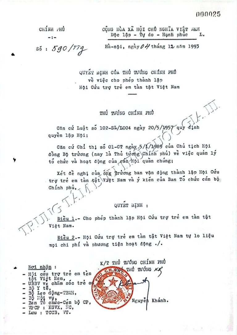 Quyết định của Thủ tướng Chính phủ về cho phép thành lập Hội Cứu trợ trẻ em tàn tật Việt Nam